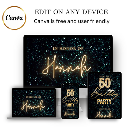 Editable teal green 50th birthday video invitation displayed on a mobile phone, featuring an animated vertical digital invite with music, created in Canva. This premium video invitation template is designed for sharing by text, email, and social media and works with an interactive RSVP website for easy guest response tracking.