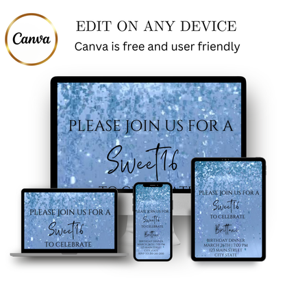 Editable aqua blue watercolor glitter sweet 16 birthday dinner video invitation displayed on a mobile phone, featuring an animated vertical digital invite with music, created in Canva. This premium video invitation template is designed for sharing by text, email, and social media and works with an interactive RSVP website for easy guest response tracking.