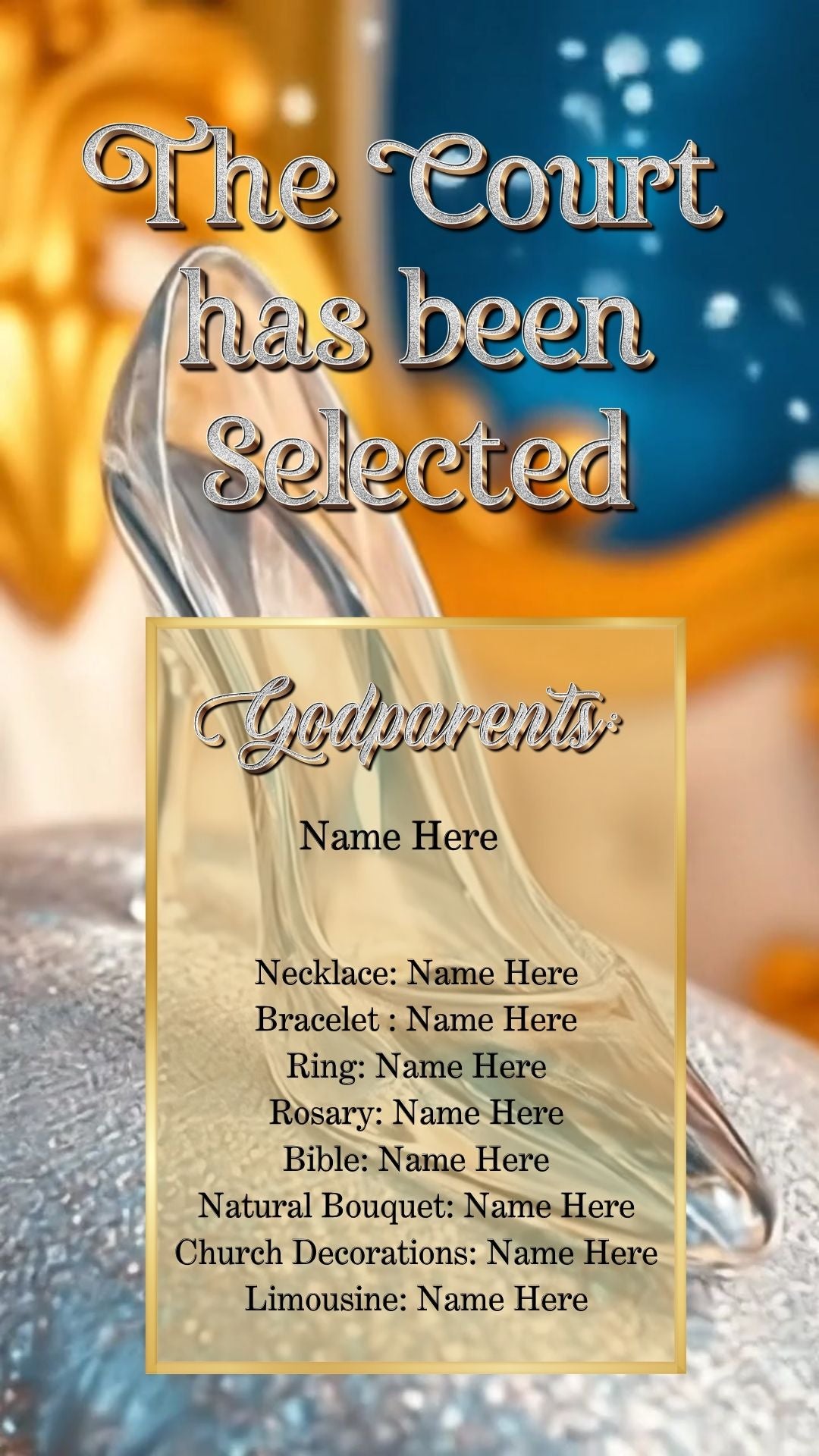 Editable cinderella fairytale quinceañera event video invitation displayed on a mobile phone, featuring an animated vertical digital invite with music, created in Canva. This premium video invitation template is designed for sharing by text, email, and social media and works with an interactive RSVP website for easy guest response tracking.