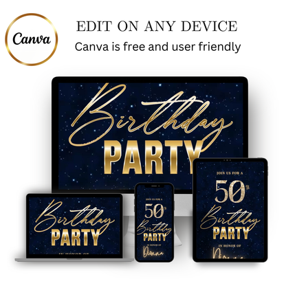 Editable blue shimmer 50th birthday video invitation displayed on a mobile phone, featuring an animated vertical digital invite with music, created in Canva. This premium video invitation template is designed for sharing by text, email, and social media and works with an interactive RSVP website for easy guest response tracking.