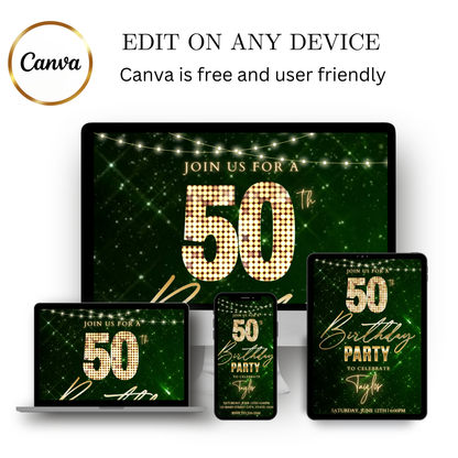 Editable burgundy gold luxury 50th birthday video invitation displayed on a mobile phone, featuring an animated vertical digital invite with music, created in Canva. This premium video invitation template is designed for sharing by text, email, and social media and works with an interactive RSVP website for easy guest response tracking.