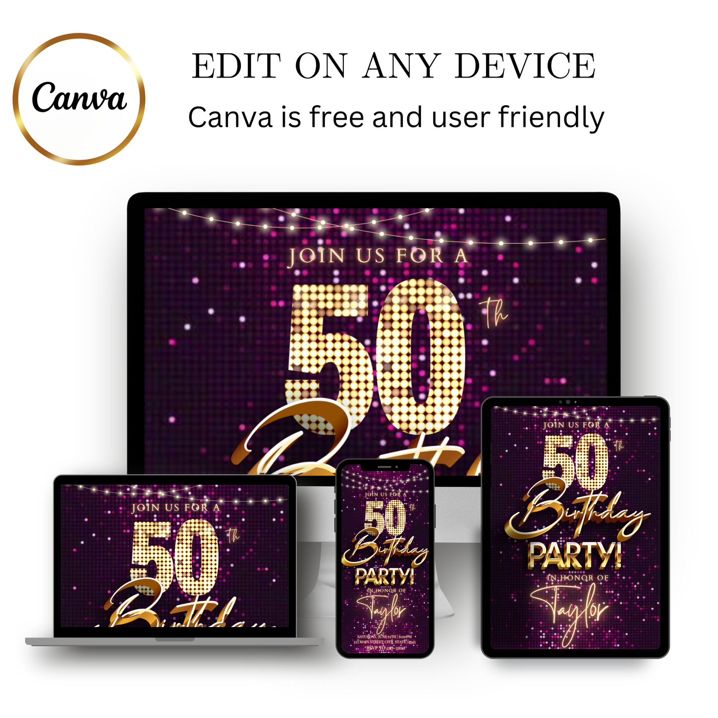 Editable pink gold sequin 50th birthday video invitation displayed on a mobile phone, featuring an animated vertical digital invite with music, created in Canva. This premium video invitation template is designed for sharing by text, email, and social media and works with an interactive RSVP website for easy guest response tracking.