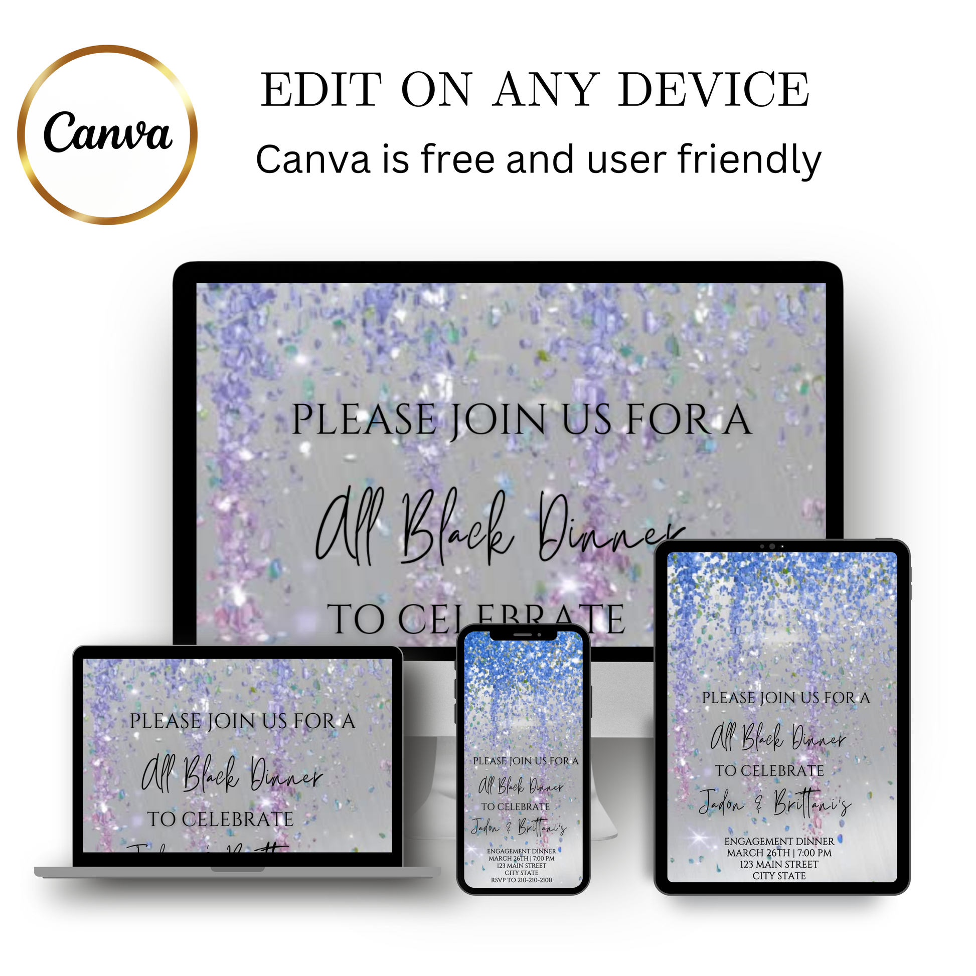 Editable blue and gray watercolor glitter engagement dinner video invitation displayed on a mobile phone, featuring an animated vertical digital invite with music, created in Canva. This premium video invitation template is designed for sharing by text, email, and social media and works with an interactive RSVP website for easy guest response tracking.