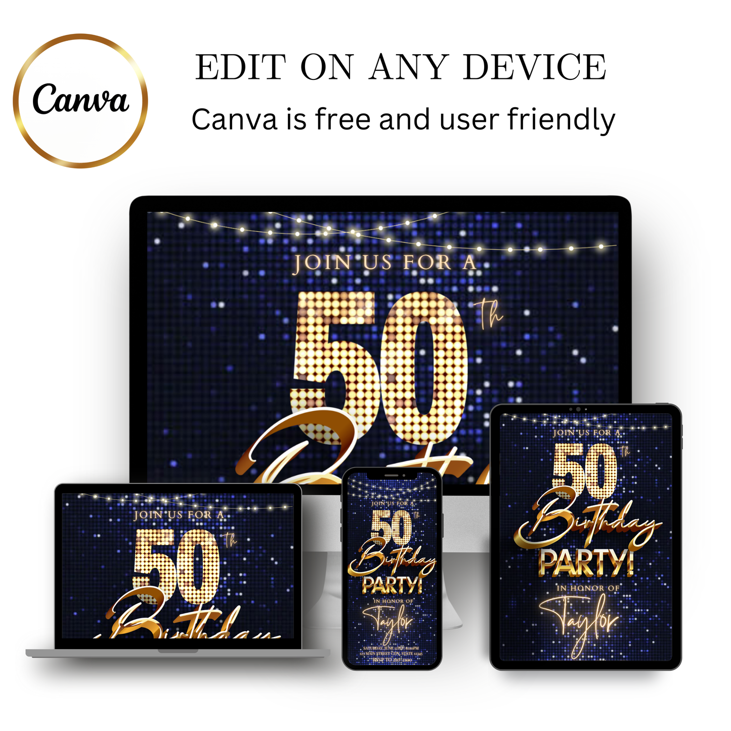 Editable blue gold sequin 50th birthday video invitation displayed on a mobile phone, featuring an animated vertical digital invite with music, created in Canva. This premium video invitation template is designed for sharing by text, email, and social media and works with an interactive RSVP website for easy guest response tracking.