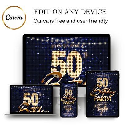 Editable blue gold sequin 50th birthday video invitation displayed on a mobile phone, featuring an animated vertical digital invite with music, created in Canva. This premium video invitation template is designed for sharing by text, email, and social media and works with an interactive RSVP website for easy guest response tracking.