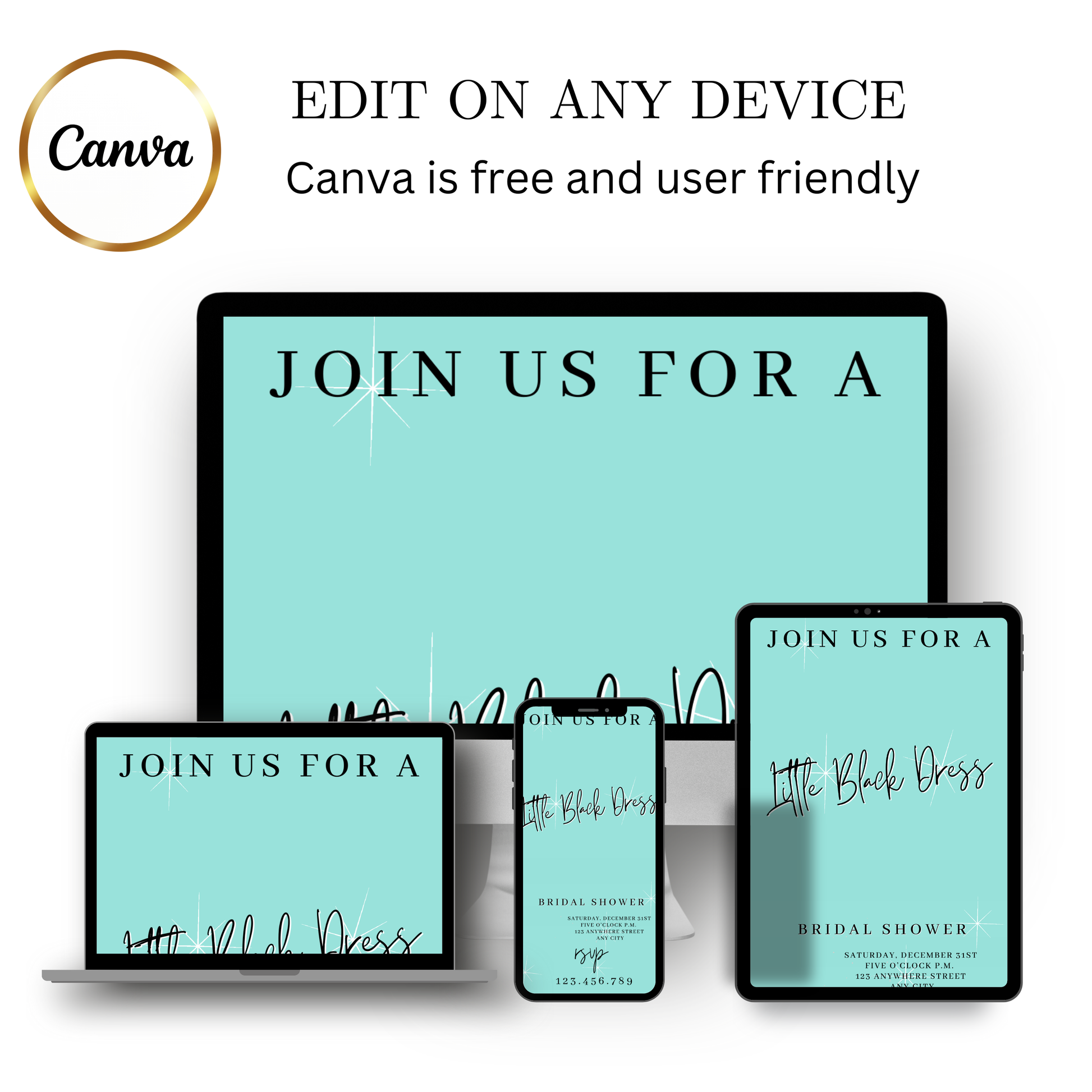 Editable tiffany blue little black dress bridal shower video invitation displayed on a mobile phone, featuring an animated vertical digital invite with music, created in Canva. This premium video invitation template is designed for sharing by text, email, and social media and works with an interactive RSVP website for easy guest response tracking.