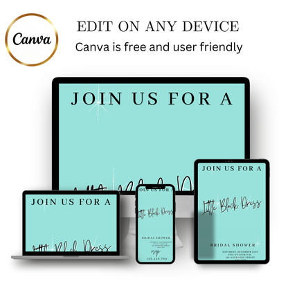 Editable tiffany blue little black dress bridal shower video invitation displayed on a mobile phone, featuring an animated vertical digital invite with music, created in Canva. This premium video invitation template is designed for sharing by text, email, and social media and works with an interactive RSVP website for easy guest response tracking.