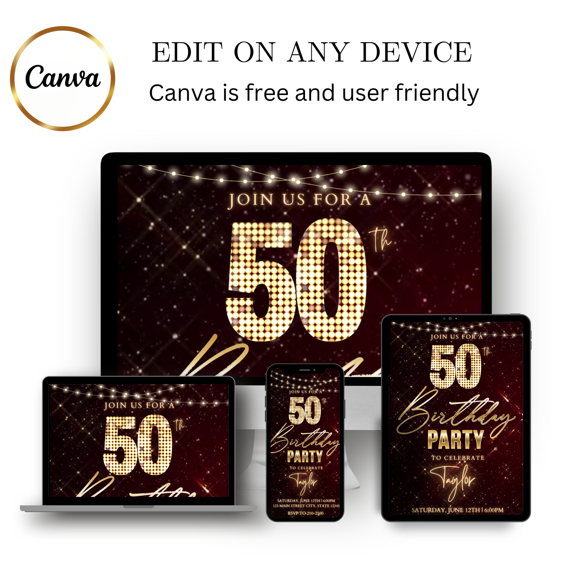 Editable hollywood red carpet 50th birthday video invitation displayed on a mobile phone, featuring an animated vertical digital invite with music, created in Canva. This premium video invitation template is designed for sharing by text, email, and social media and works with an interactive RSVP website for easy guest response tracking.