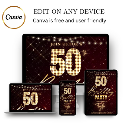 Editable hollywood red carpet 50th birthday video invitation displayed on a mobile phone, featuring an animated vertical digital invite with music, created in Canva. This premium video invitation template is designed for sharing by text, email, and social media and works with an interactive RSVP website for easy guest response tracking.