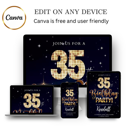 Editable blue gold starry 35th birthday video invitation displayed on a mobile phone, featuring an animated vertical digital invite with music, created in Canva. This premium video invitation template is designed for sharing by text, email, and social media and works with an interactive RSVP website for easy guest response tracking.