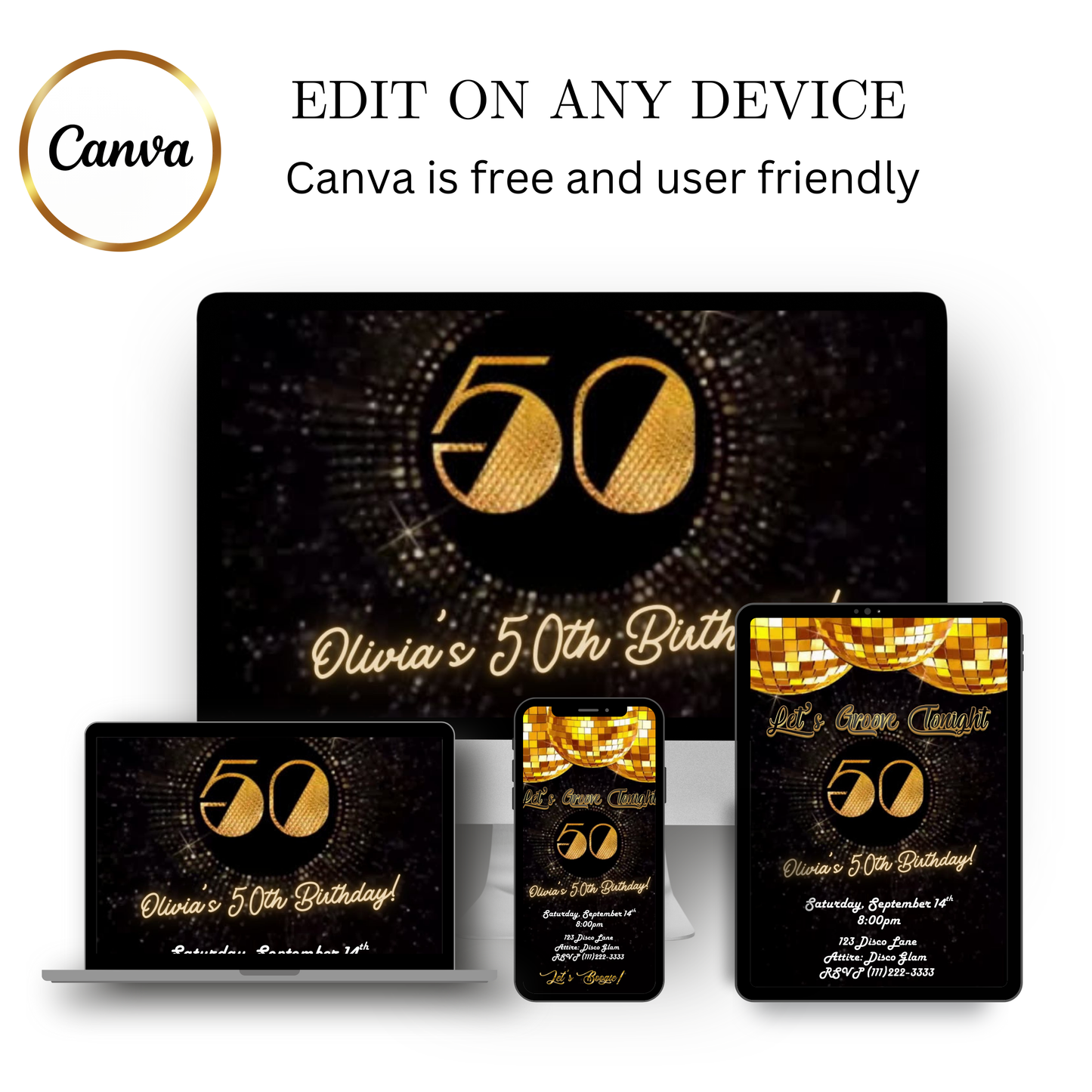 Editable gold disco 50th birthday video invitation displayed on a mobile phone, featuring an animated vertical digital invite with music, created in Canva. This premium video invitation template is designed for sharing by text, email, and social media and works with an interactive RSVP website for easy guest response tracking.