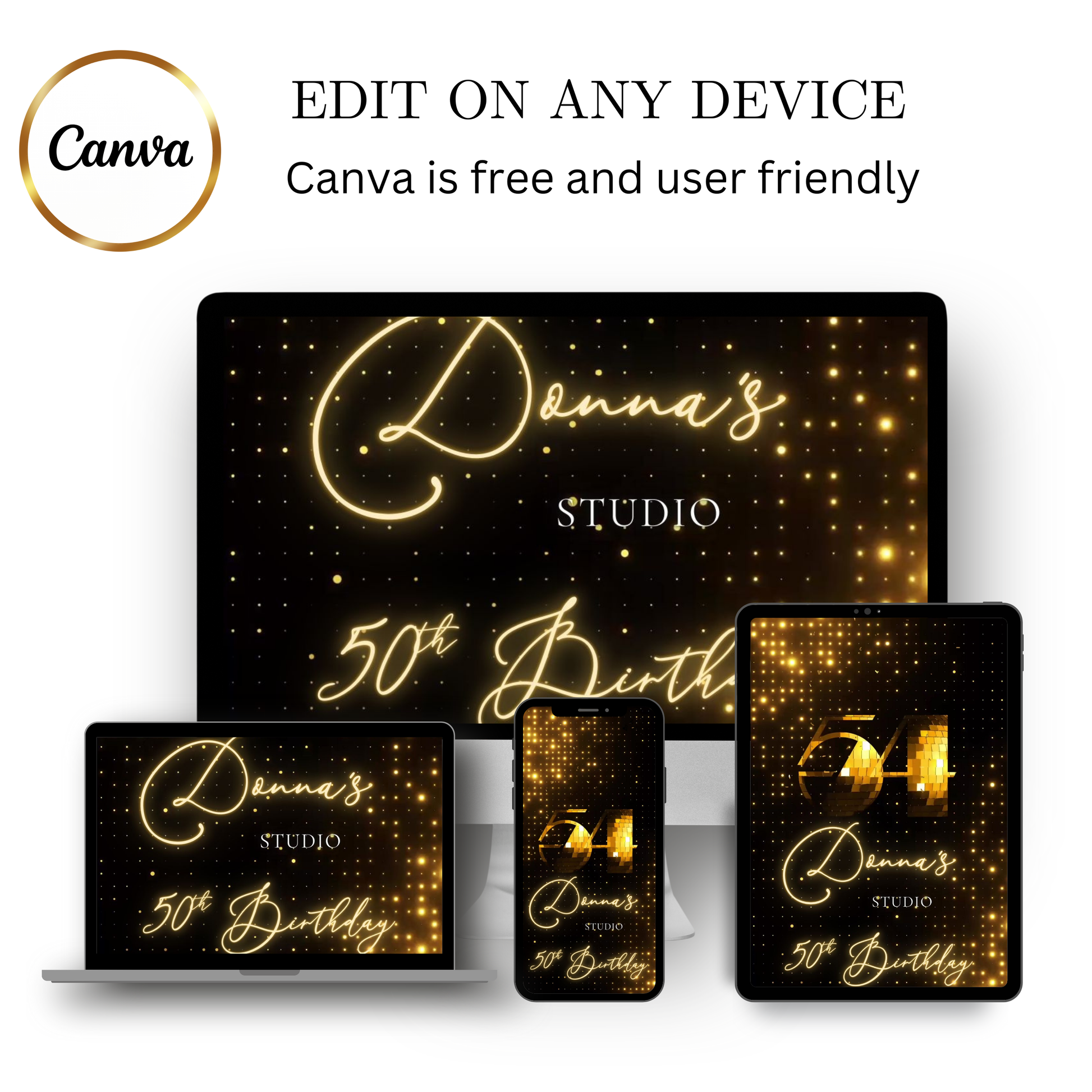 Editable gold disco studio 50th birthday video invitation displayed on a mobile phone, featuring an animated vertical digital invite with music, created in Canva. This premium video invitation template is designed for sharing by text, email, and social media and works with an interactive RSVP website for easy guest response tracking.