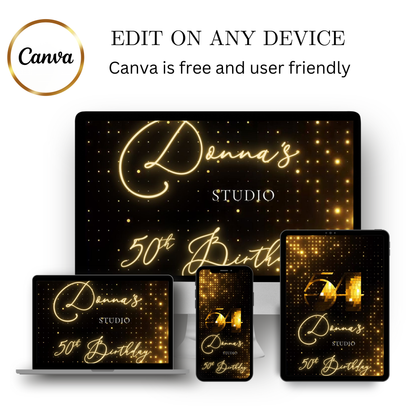 Editable gold disco studio 50th birthday video invitation displayed on a mobile phone, featuring an animated vertical digital invite with music, created in Canva. This premium video invitation template is designed for sharing by text, email, and social media and works with an interactive RSVP website for easy guest response tracking.
