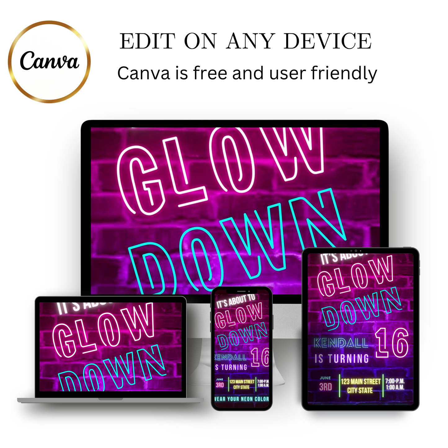 Editable neon glow brick sweet 16 birthday video invitation displayed on a mobile phone, featuring an animated vertical digital invite with music, created in Canva. This premium video invitation template is designed for sharing by text, email, and social media and works with an interactive RSVP website for easy guest response tracking.