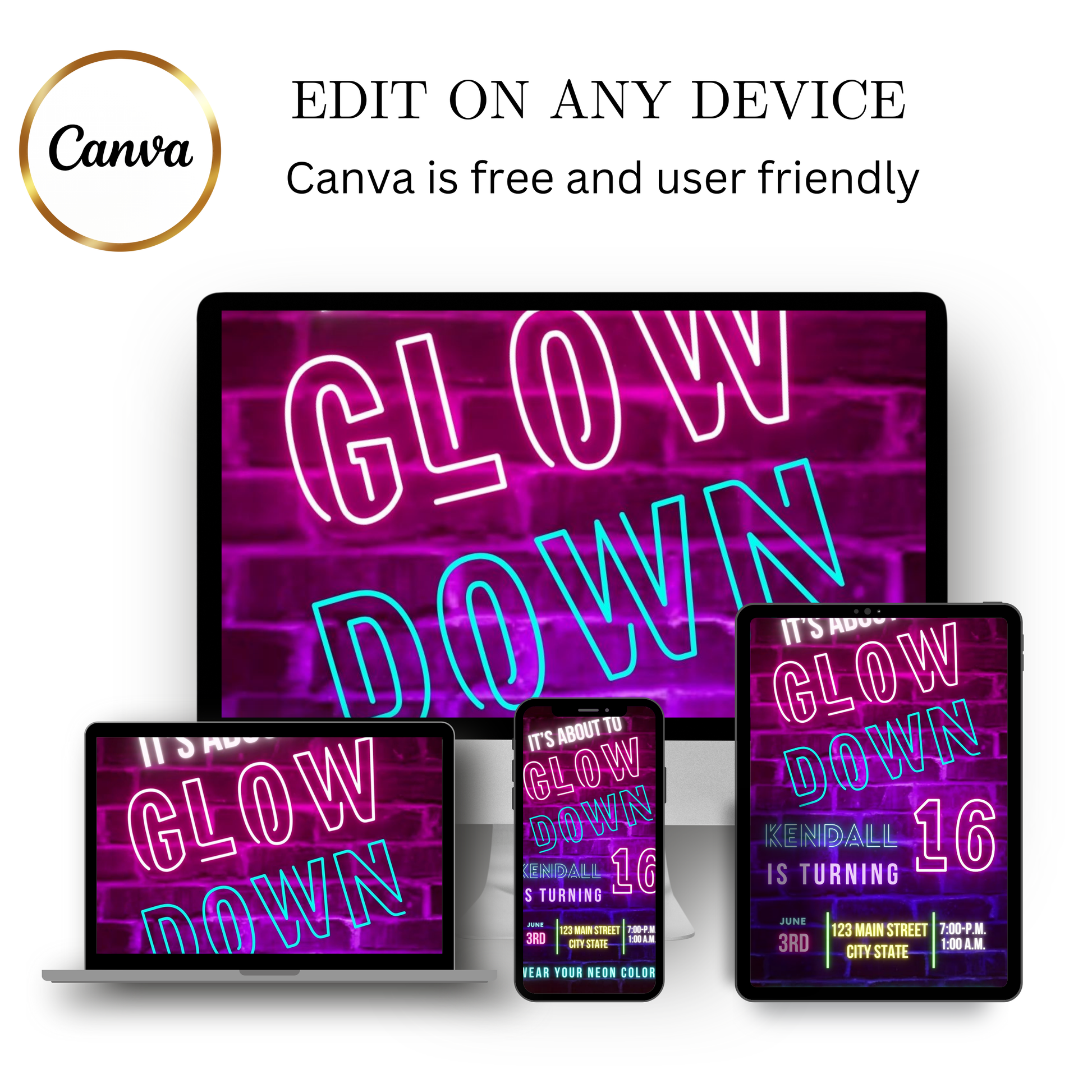 Editable neon glow brick sweet 16 birthday video invitation displayed on a mobile phone, featuring an animated vertical digital invite with music, created in Canva. This premium video invitation template is designed for sharing by text, email, and social media and works with an interactive RSVP website for easy guest response tracking.