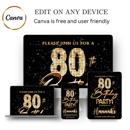 Editable gold fireworks 80th birthday video invitation displayed on a mobile phone, featuring an animated vertical digital invite with music, created in Canva. This premium video invitation template is designed for sharing by text, email, and social media and works with an interactive RSVP website for easy guest response tracking.