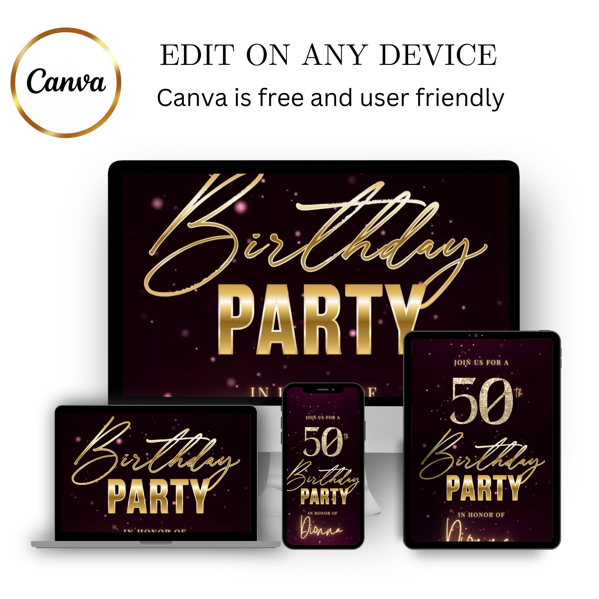 Editable burgundy shimmer 50th birthday video invitation displayed on a mobile phone, featuring an animated vertical digital invite with music, created in Canva. This premium video invitation template is designed for sharing by text, email, and social media and works with an interactive RSVP website for easy guest response tracking.