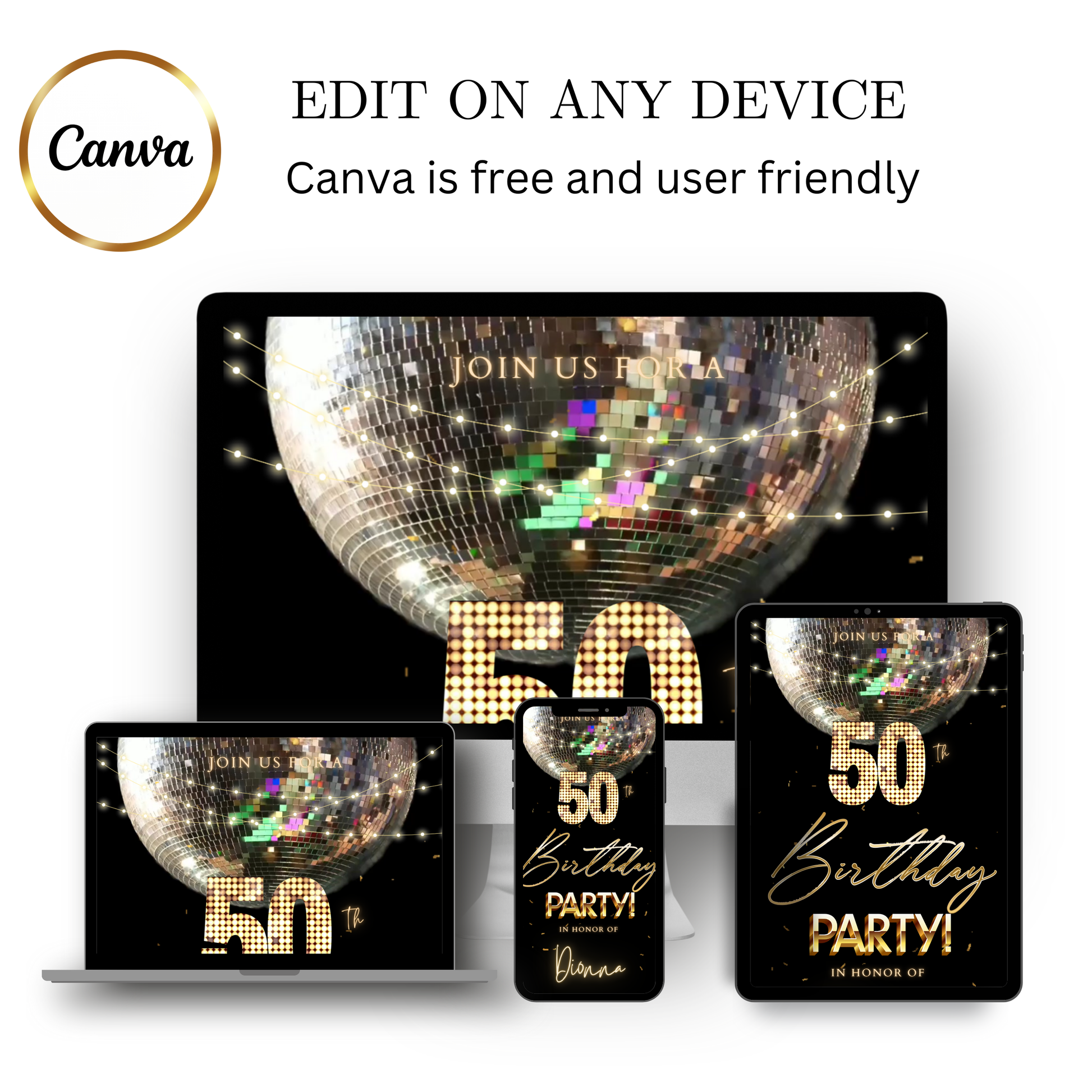 Editable silver disco ball 50th birthday video invitation displayed on a mobile phone, featuring an animated vertical digital invite with music, created in Canva. This premium video invitation template is designed for sharing by text, email, and social media and works with an interactive RSVP website for easy guest response tracking.