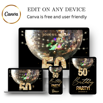 Editable silver disco ball 50th birthday video invitation displayed on a mobile phone, featuring an animated vertical digital invite with music, created in Canva. This premium video invitation template is designed for sharing by text, email, and social media and works with an interactive RSVP website for easy guest response tracking.