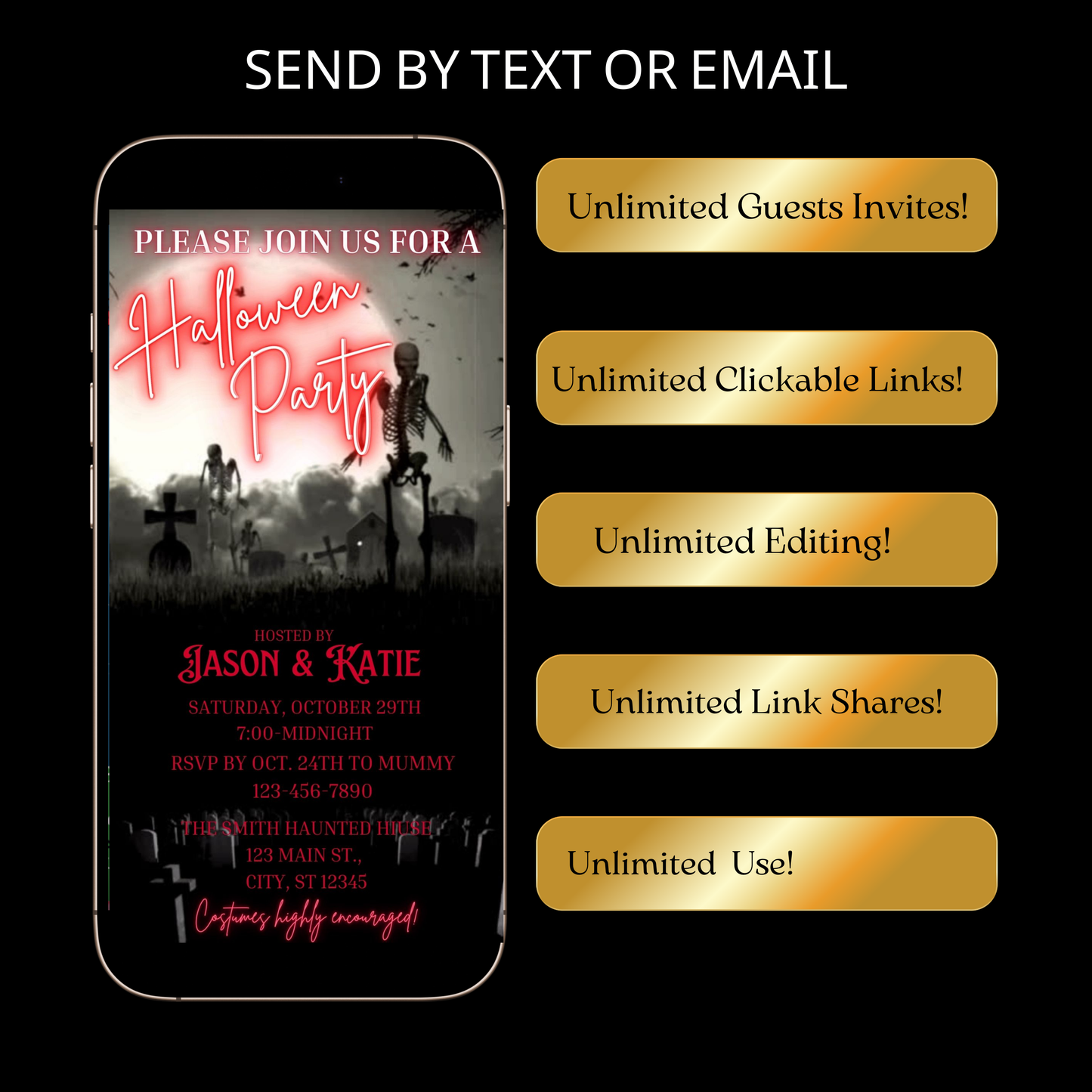 Editable graveyard halloween party party video invitation displayed on a mobile phone, featuring an animated vertical digital invite with music, created in Canva. This premium video invitation template is designed for sharing by text, email, and social media and works with an interactive RSVP website for easy guest response tracking.