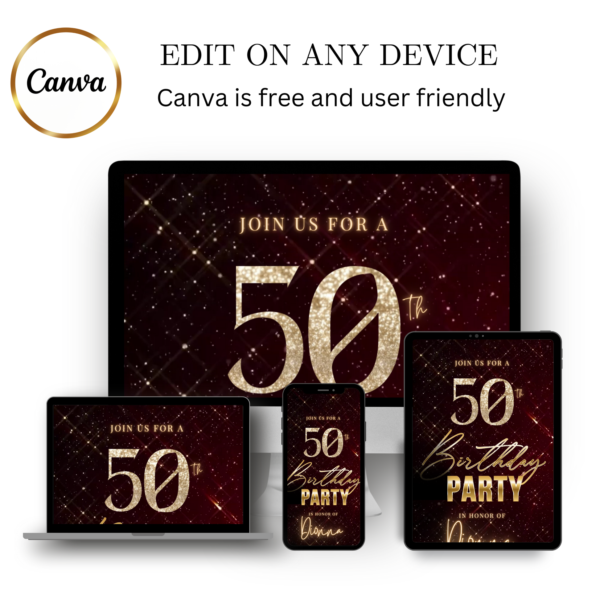 Editable burgundy sparkly 50th birthday video invitation displayed on a mobile phone, featuring an animated vertical digital invite with music, created in Canva. This premium video invitation template is designed for sharing by text, email, and social media and works with an interactive RSVP website for easy guest response tracking.