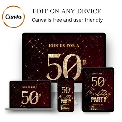 Editable burgundy sparkly 50th birthday video invitation displayed on a mobile phone, featuring an animated vertical digital invite with music, created in Canva. This premium video invitation template is designed for sharing by text, email, and social media and works with an interactive RSVP website for easy guest response tracking.