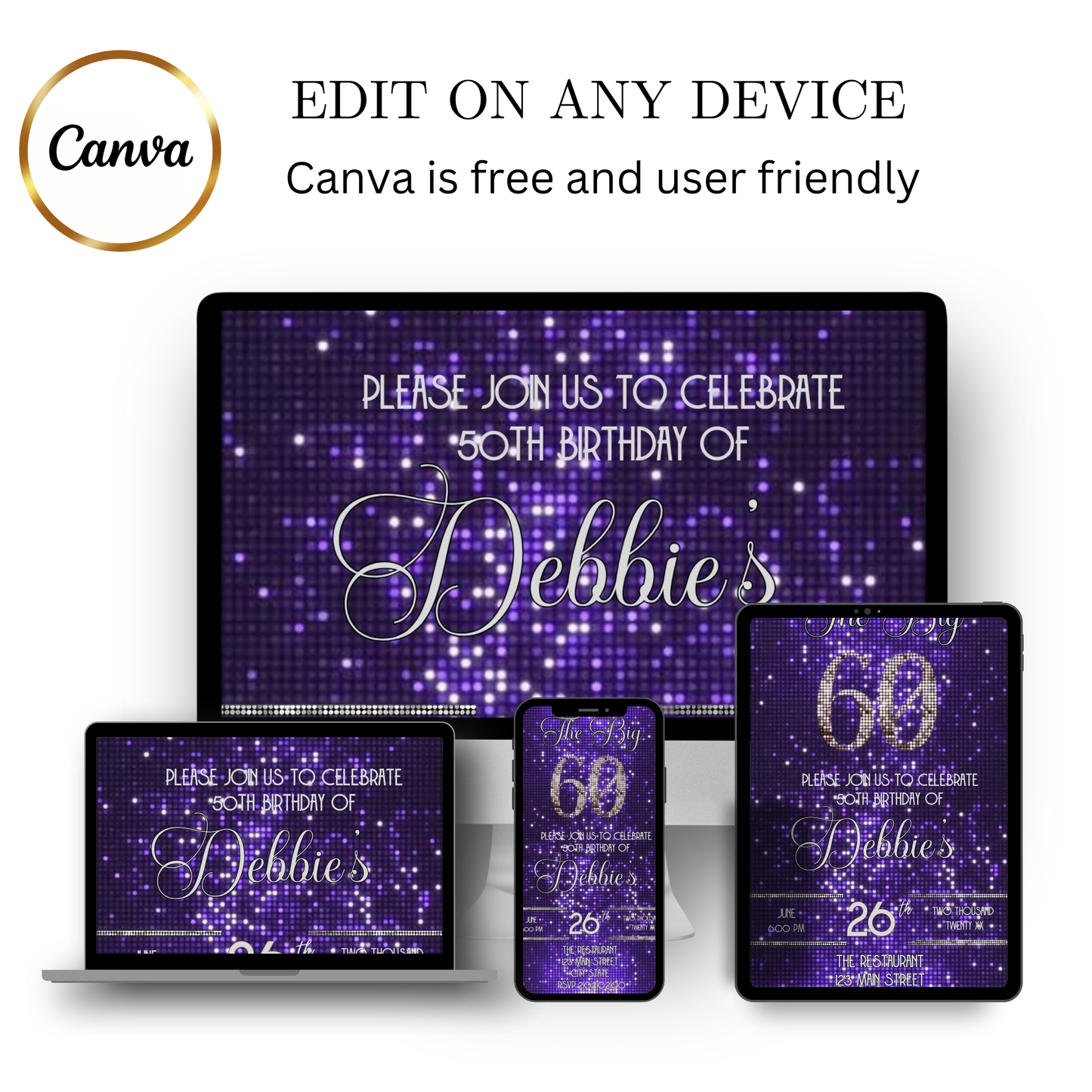 Editable purple shimmer 60th birthday video invitation displayed on a mobile phone, featuring an animated vertical digital invite with music, created in Canva. This premium video invitation template is designed for sharing by text, email, and social media and works with an interactive RSVP website for easy guest response tracking.