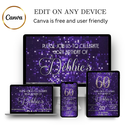 Editable purple shimmer 60th birthday video invitation displayed on a mobile phone, featuring an animated vertical digital invite with music, created in Canva. This premium video invitation template is designed for sharing by text, email, and social media and works with an interactive RSVP website for easy guest response tracking.