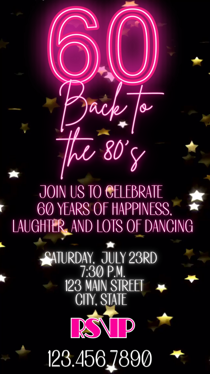 Flashback 80s Neon Birthday Video Invite – 60 Years of Fun Celebration Instant Download