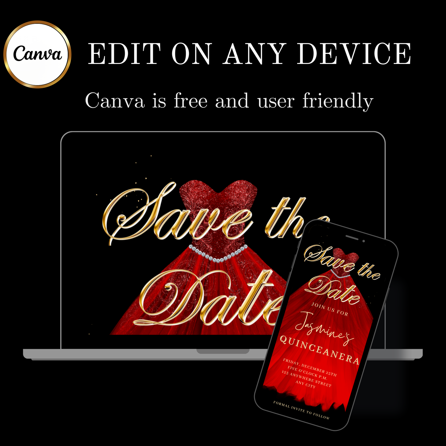 Red Quinceanera Video Invite | Sweet 15 16 Quince RSVP Tracker | Editable Canva Evite Template