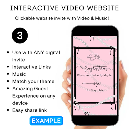 Graduation Party Video Invitation | Pink and Black Bow Graduation Invite for Her | Editable Online RSVP Evite Canva Template