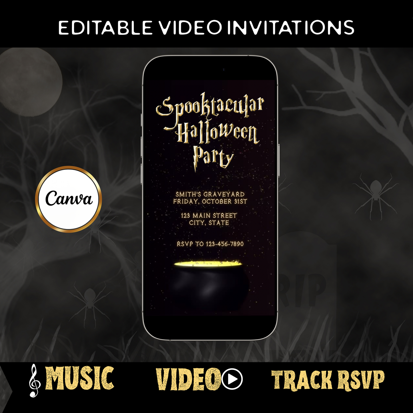 Halloween-Videoeinladung, animierte Einladung mit goldenem Kessel, bearbeitbare mobile Einladung zur Halloween-Party