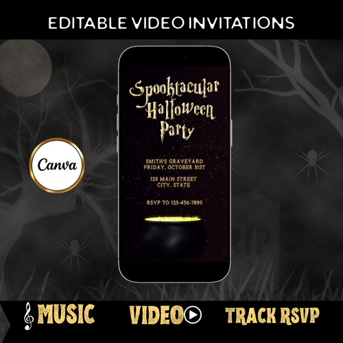 Halloween-Videoeinladung, animierte Einladung mit goldenem Kessel, bearbeitbare mobile Einladung zur Halloween-Party