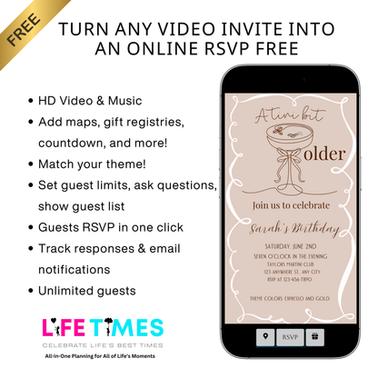 Martini Birthday Video Invitation | Animated A Tini Bit Older Digital Evite | Editable Canva Invite Template