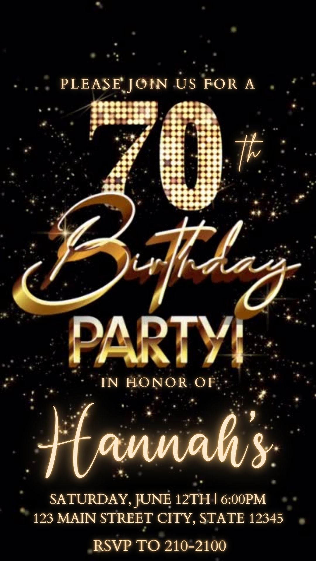 Editable gold fireworks 70th birthday video invitation displayed on a mobile phone, featuring an animated vertical digital invite with music, created in Canva. This premium video invitation template is designed for sharing by text, email, and social media and works with an interactive RSVP website for easy guest response tracking.