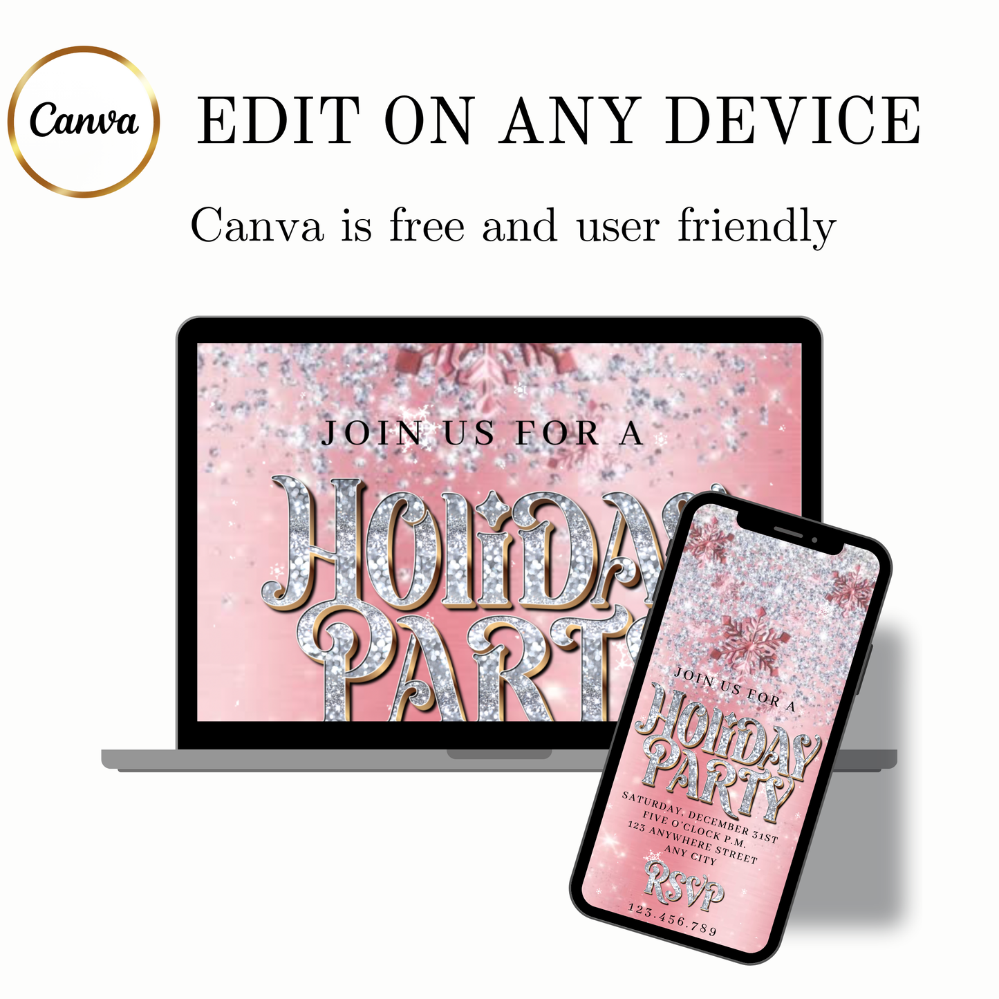 Christmas Party Video Invitation | Animated Pink Holiday Party Digital Evite | Editable Canva Invite Template