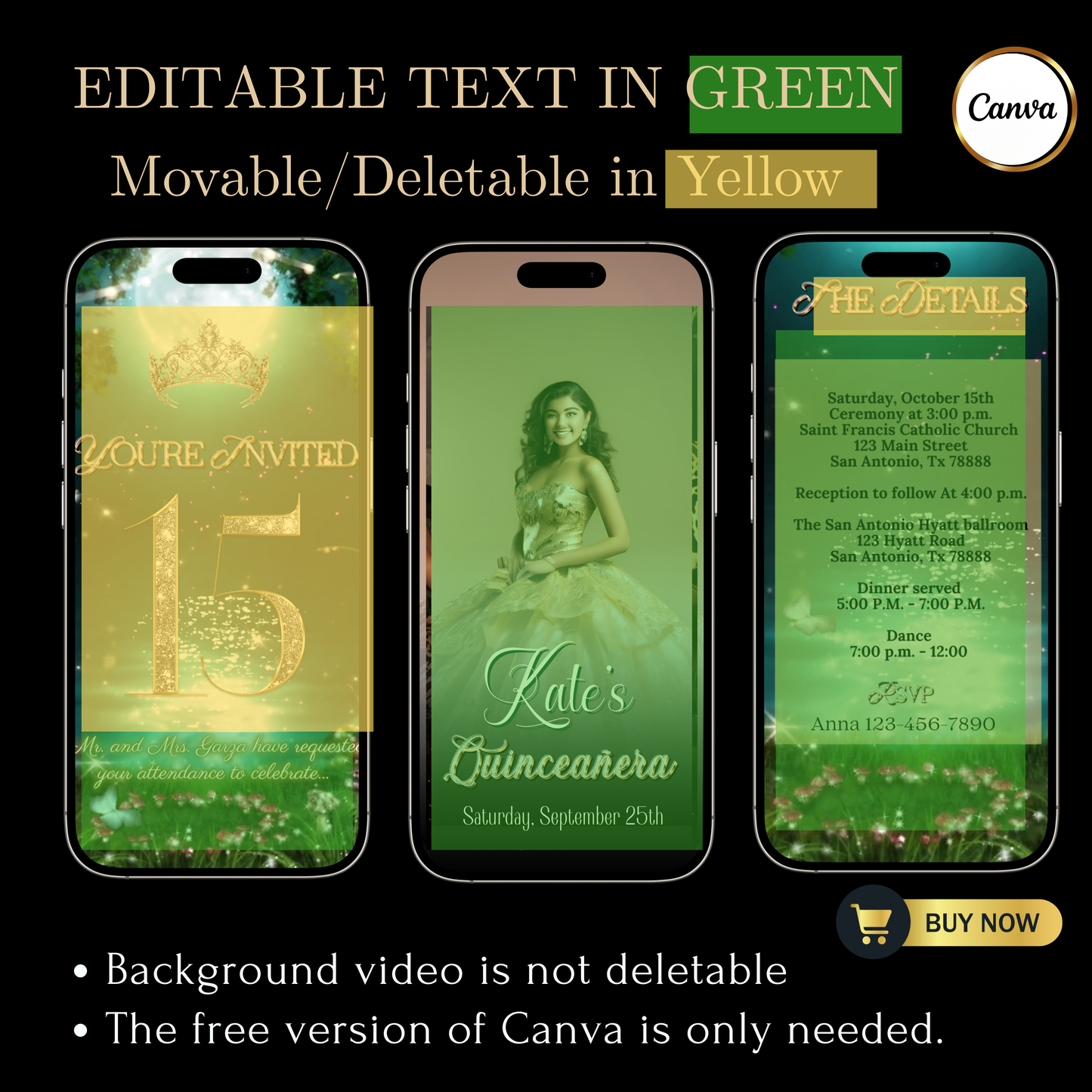 Quinceañera Video Invitation | Enchanted Forest Video Invite | Green Sweet 16 Evite | Editable Canva Template
