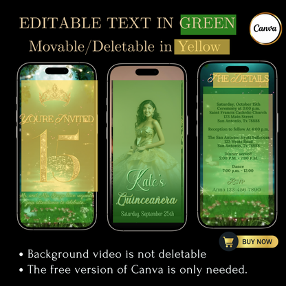 Quinceañera Video Invitation | Enchanted Forest Video Invite | Green Sweet 16 Evite | Editable Canva Template