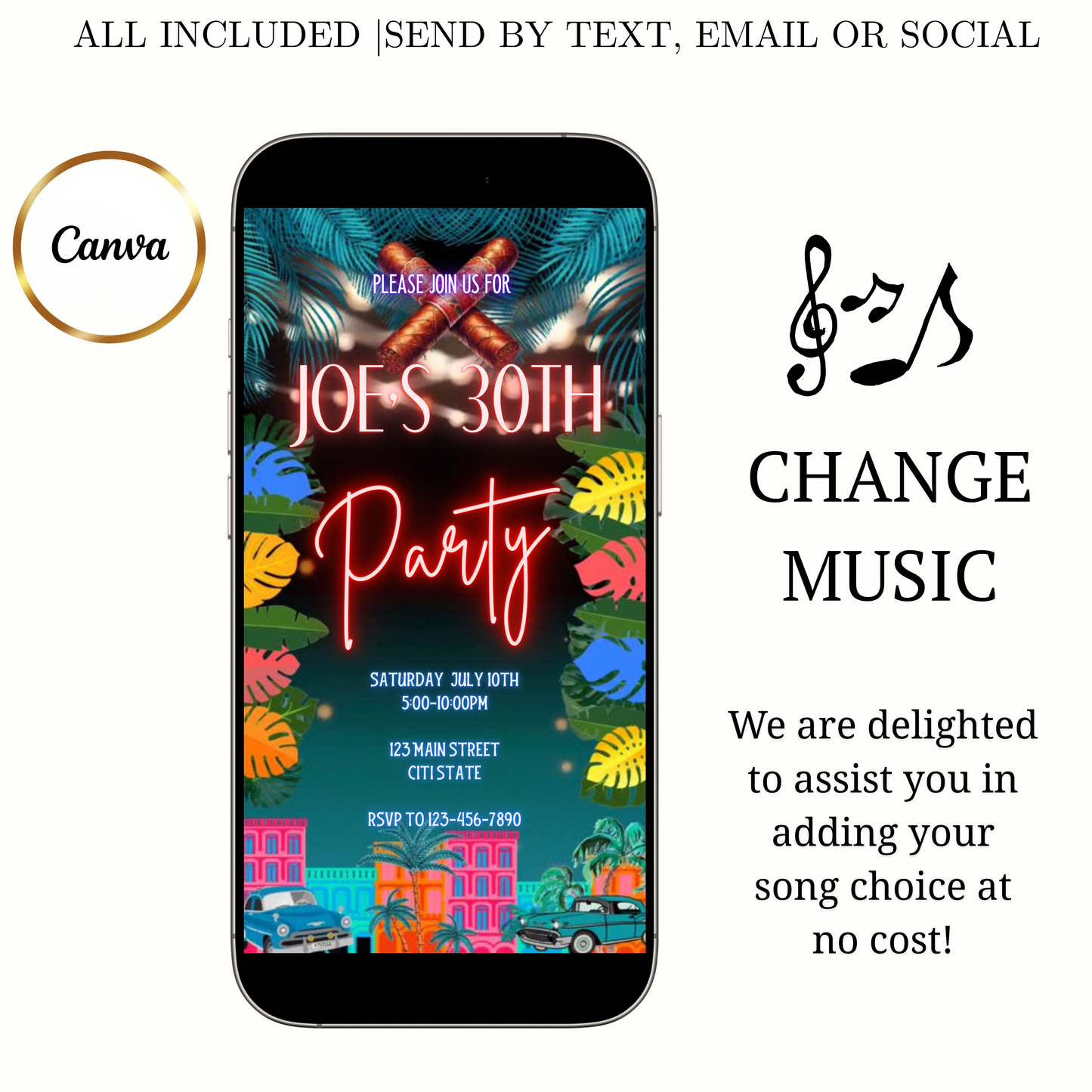 Havana Video Invitation | Animated Cuban Party Digital Evite | Editable Canva Invite Template