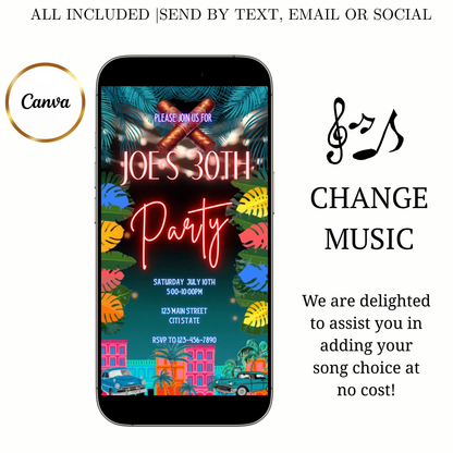 Havana Video Invitation | Animated Cuban Party Digital Evite | Editable Canva Invite Template