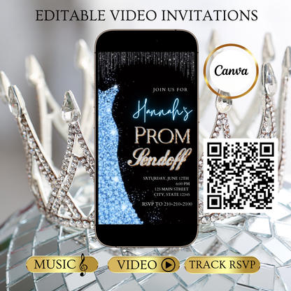 Blue Prom Send Off Video Invitation – Editable Canva Animated Invite