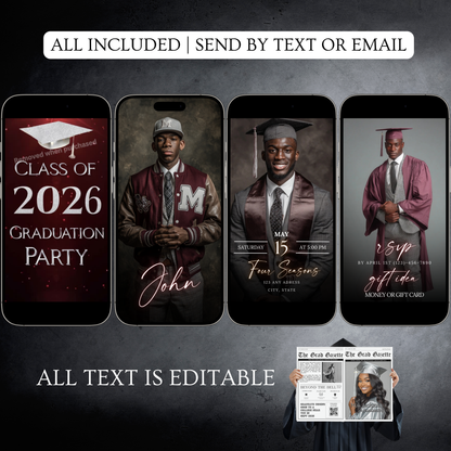 Graduation Party Video Invitation | Maroon Graduation RSVP Invite | Editable Online RSVP Evite Canva Template