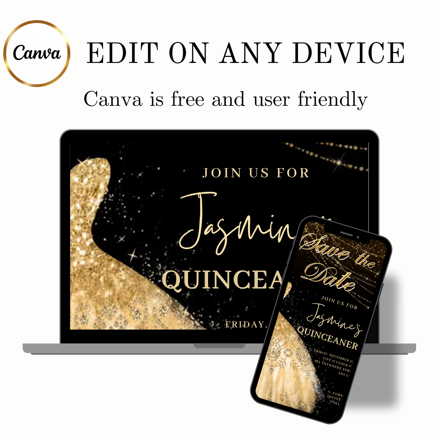 Gold Quinceanera Video Invite | Sweet 15 16 Quince RSVP Tracker | Editable Canva Evite Template