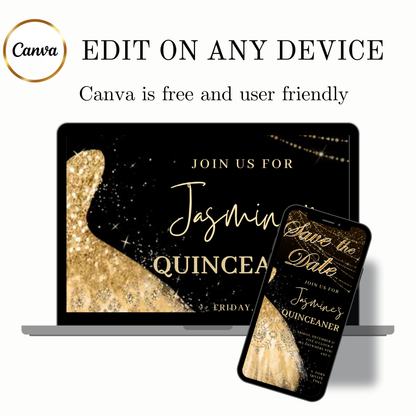 Gold Quinceanera Video Invite | Sweet 15 16 Quince RSVP Tracker | Editable Canva Evite Template