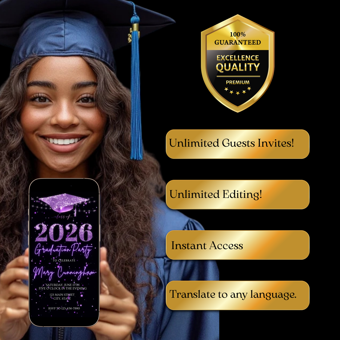 Purple Graduation Party Video Invitation | Class of 2026 Photo Invite | Editable Online RSVP Evite Canva Template