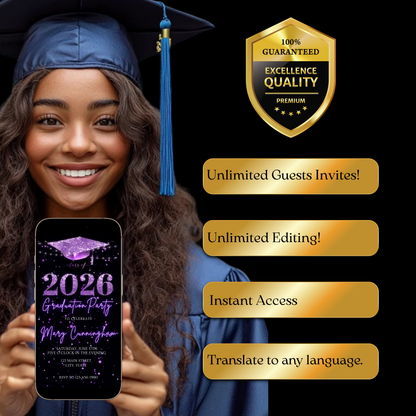 Purple Graduation Party Video Invitation | Class of 2026 Photo Invite | Editable Online RSVP Evite Canva Template