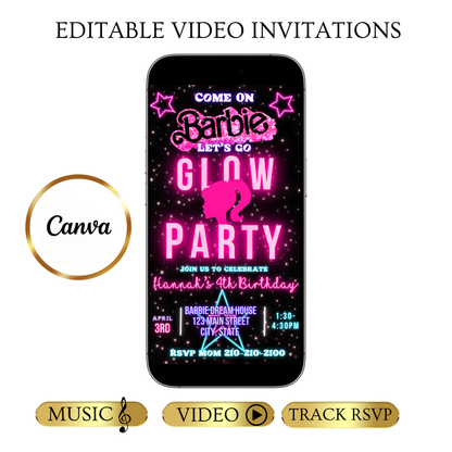 Editable Barbie Video Invitation | Animated Pink Barbie Digital Evite | Editable Canva Invite Template