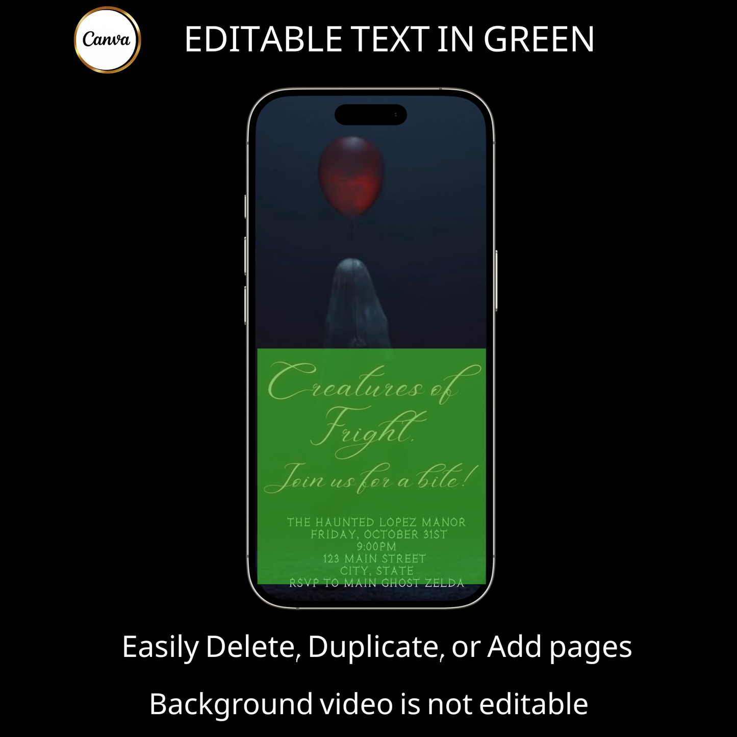 Halloween Video Invitation, Red Balloon It Animated Invite, Editable Halloween Party Mobile Evite