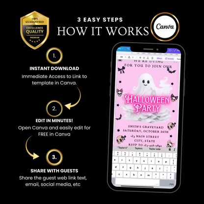 Halloween Video Invitation, Pink Ghost Animated Invite, Editable Halloween Party Mobile Evite