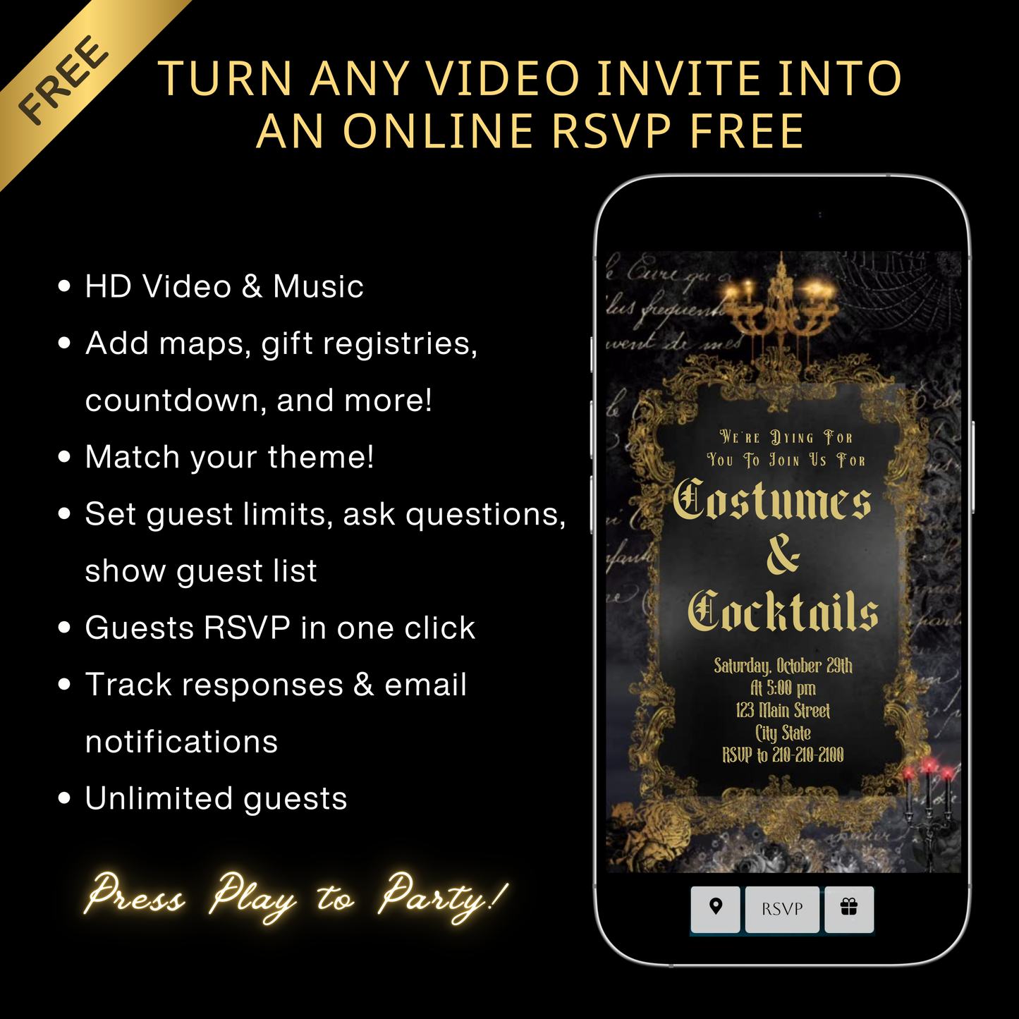 Halloween-Videoeinladung, Einladung zu Gothic-Cocktails und Kostümen